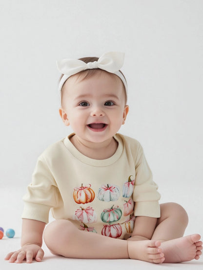 Infant Girls Jumpsuit Short Sleeve Round Neck Ghost Print Playsuit Toddler Halloween Outfit with Ruffles and Bow