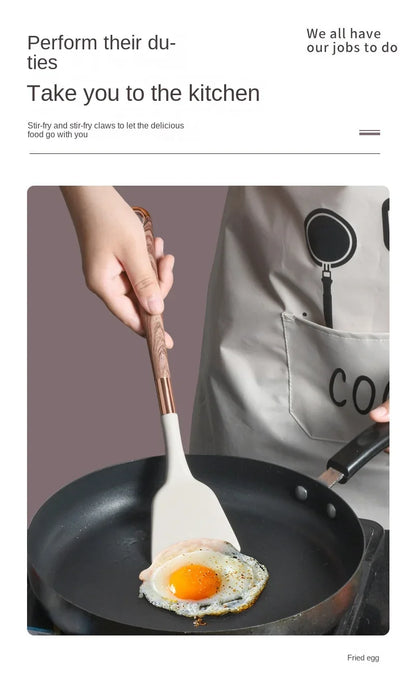 Kitchen Utensils Silicone Cooking Utensils Kitchenware, Gold-plated Wood Grain Handle, Spatula, SpoonsCooking Pots Set