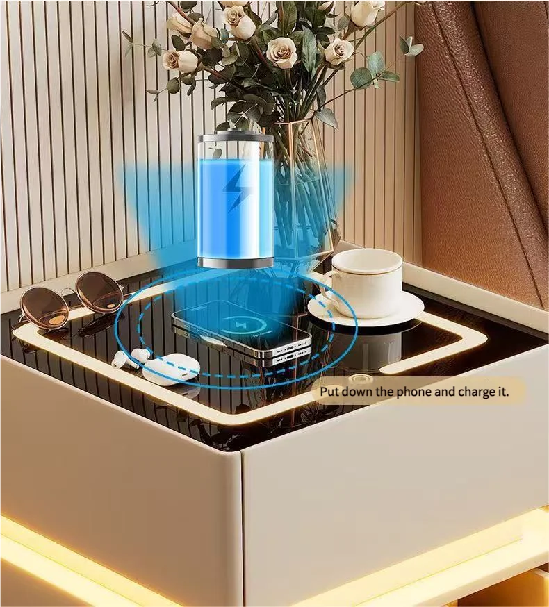 Smart bedside cabinet  new model suspended solid wood leather simple and modern small sized bedroom no installation required fin