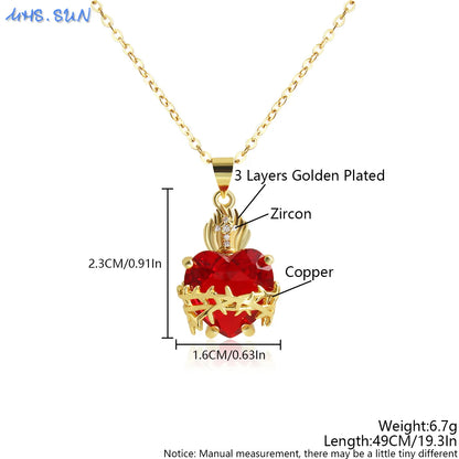 MHS.SUN Gold Plated Sacred Heart of Jesus Cross Necklace Red Zircon Religious Catholic Pendant Necklaces For Women Girls Jewelry
