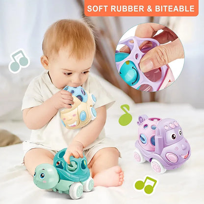 Baby Car Toys for 6 12 Months Friction Car Infant Soft Rubber Inertial Push and Go Vehicles Roll Car Hand Rattle Gift for Kids