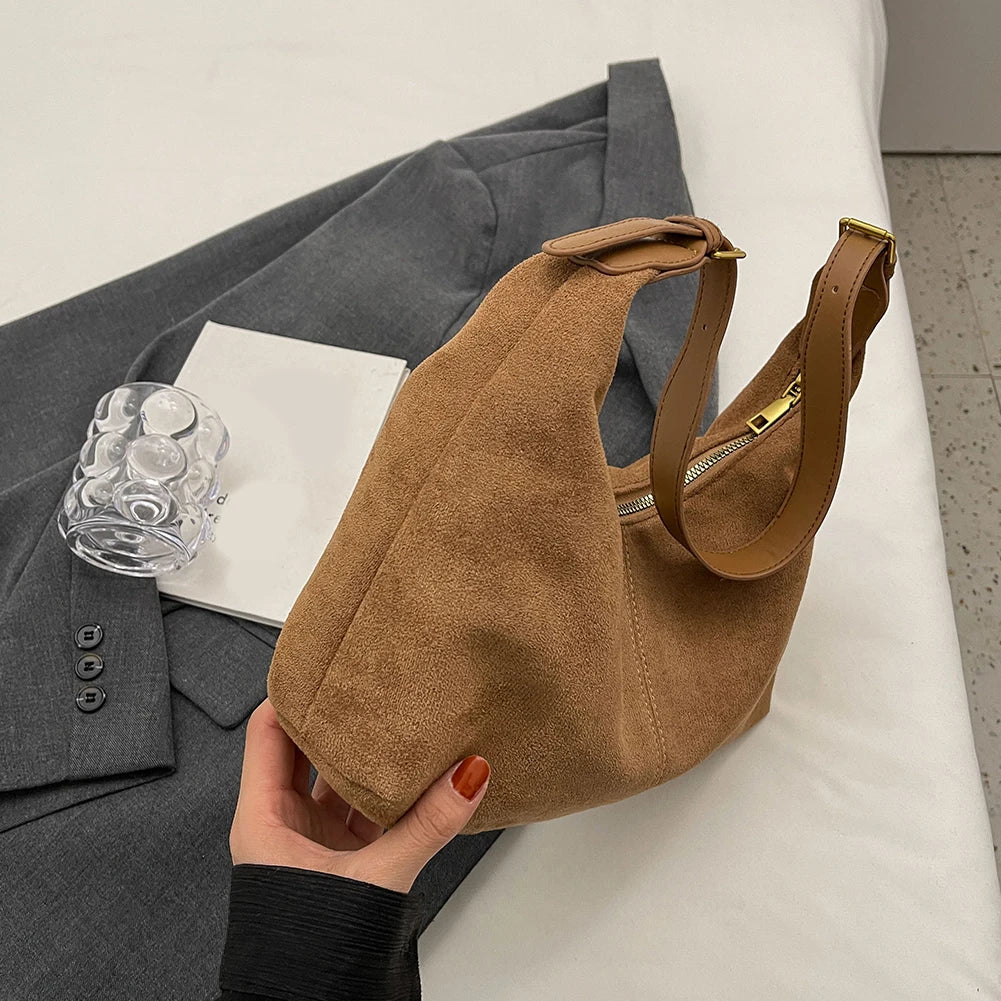 Vintage Handbag Purse for Women Suede Shoulder Bag Causal Crossbody Bags Female Luxury Designer Clutch Ladies Crescent Hobo Bag