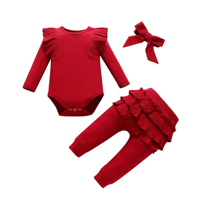Newborn Baby Girls Clothes Infant Long Sleeve Ruffle Romper Bodysuits+Pants+Bow Headband 3Pcs Suit Children Toddler Outfit A422