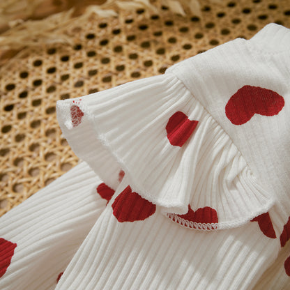Ruffle Long Sleeve Infant Baby Girls Romper Kids Clothes Cute Heart Print Rib Jumpsuit+Headdress Valentine's Day Kids Playsuit