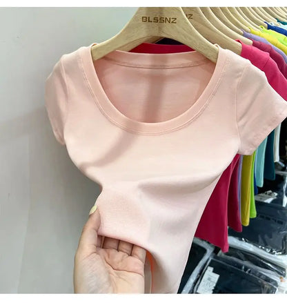 Women's Clothing U-neck T-Shirts Tops Tees pure cotton shoulder sleeved summer solid color slimming short low neck bottom shirt