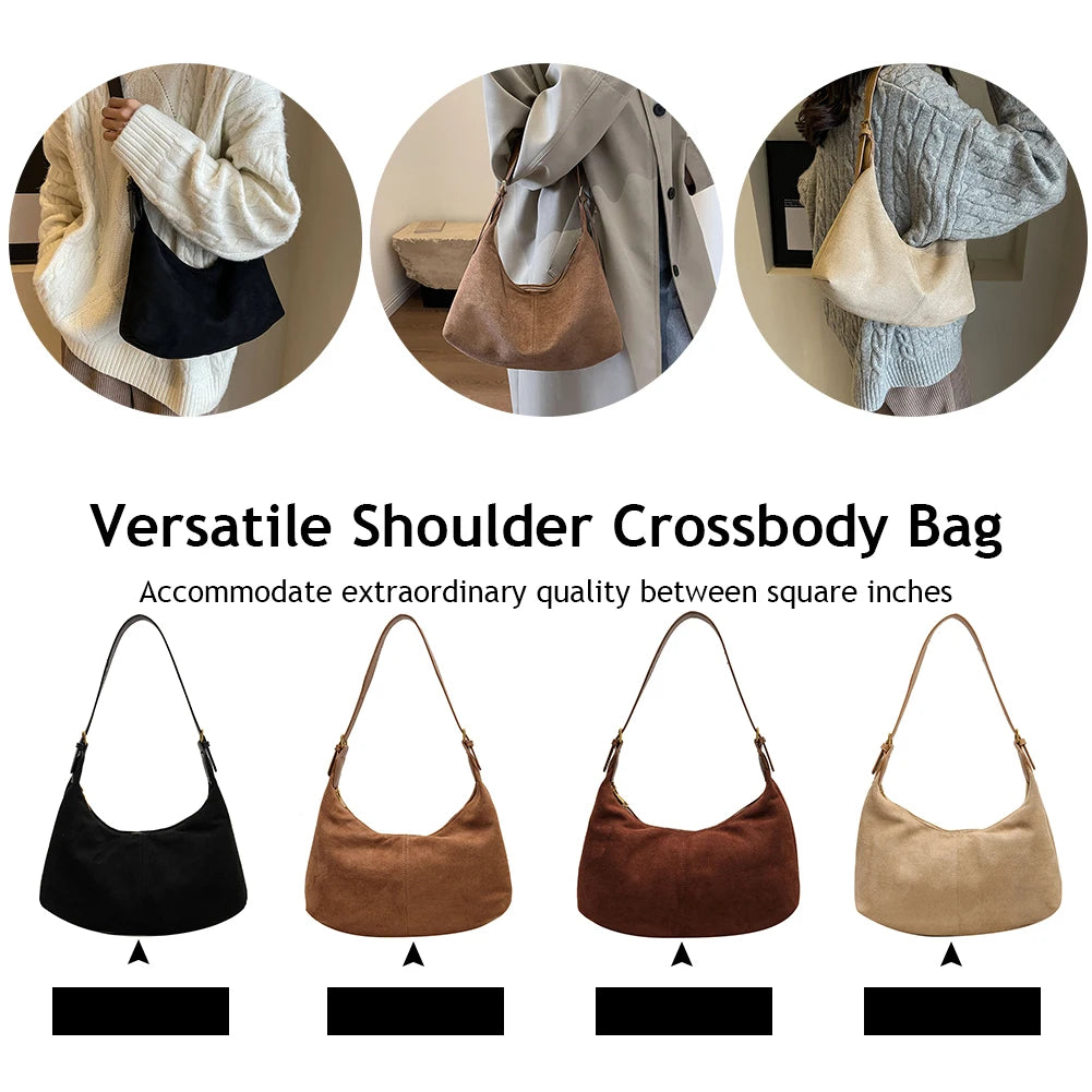 Vintage Handbag Purse for Women Suede Shoulder Bag Causal Crossbody Bags Female Luxury Designer Clutch Ladies Crescent Hobo Bag