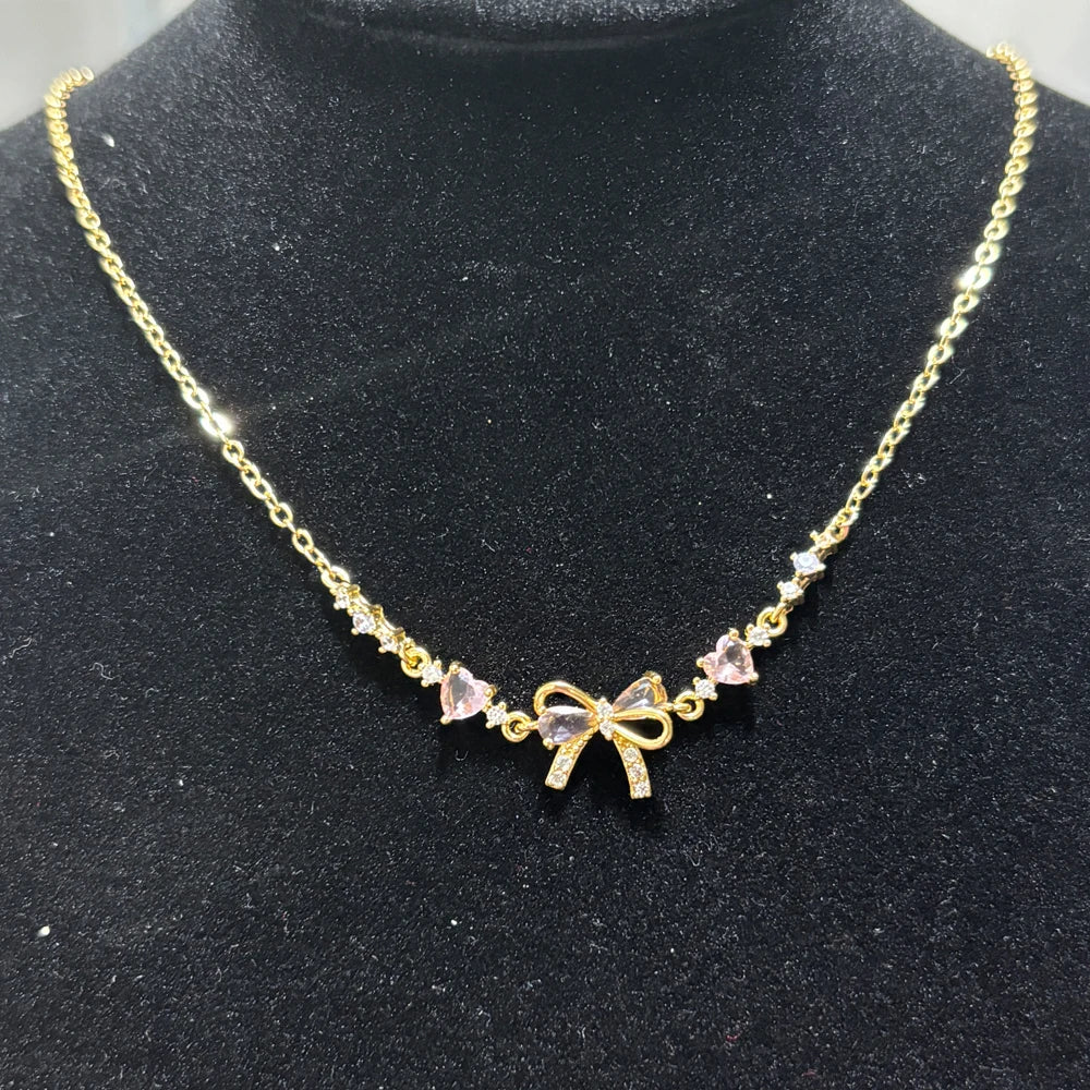 Y2K Exquisite Sweet Pink Zircon Bowknot Love Heart Chain Bracelet For Women Girls Party Birthday Jewelry Gift