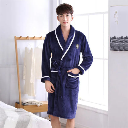 Plus Size Thick Flannel Men Robe Kimono Bathrobe Gown Coral Fleece Sleepwear Home Clothes Autumn Winter Nightwear Lounge Wear