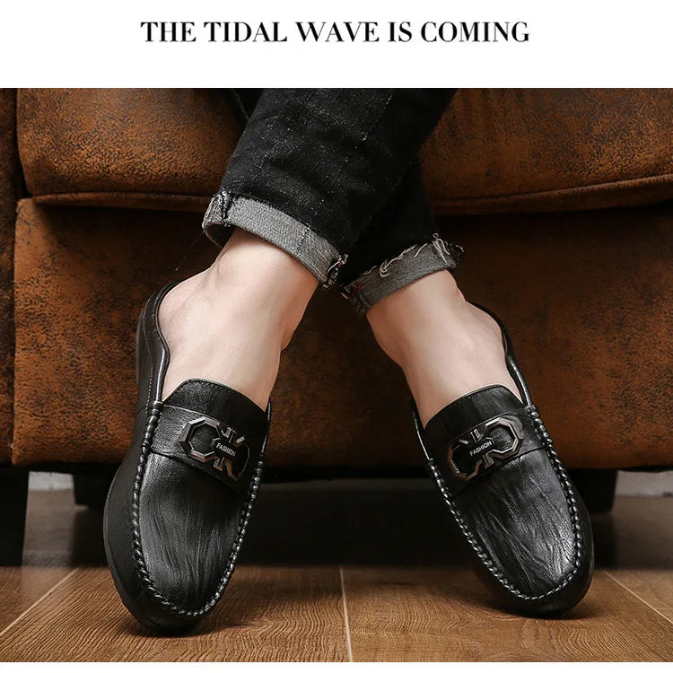 Designer Men Slippers Luxury Leather Casual Shoes for Men Breathable Soft Soled Loafers Fashion British style Men Half Slippers