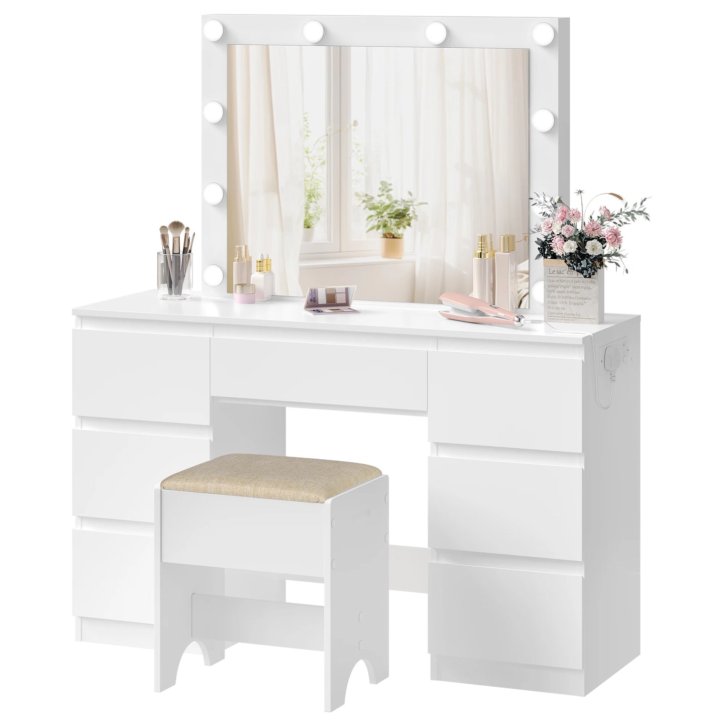 WOLTU Vanity Makeup Desk with LED Lights and Charge Socket Dressing Table with Large Mirror Modern 7 Drawers Bedroom Dresser