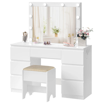 WOLTU Vanity Makeup Desk with LED Lights and Charge Socket Dressing Table with Large Mirror Modern 7 Drawers Bedroom Dresser