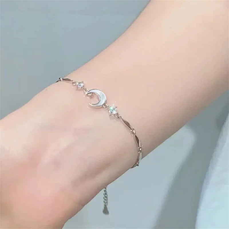 Silver Color Zircon Bracelet For Women Girls Shiny Crystal Bracelets Moon Cherry Butterfly Pendant Bangles Wristband Jewelry