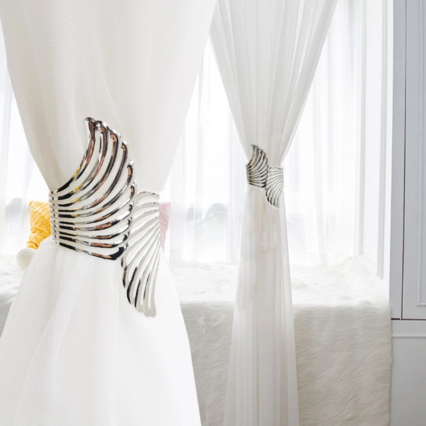 2pcs Modern Luxury Gold/Silver Creative Angel Wings Pattern Spring Curtain Tiebacks,Used For Bedroom, Living Room Curtains