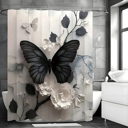 Black Butterfly Floral Shower Curtain, Bathroom Decorative Shower Curtain, Waterproof Shower Curtain with Hooks