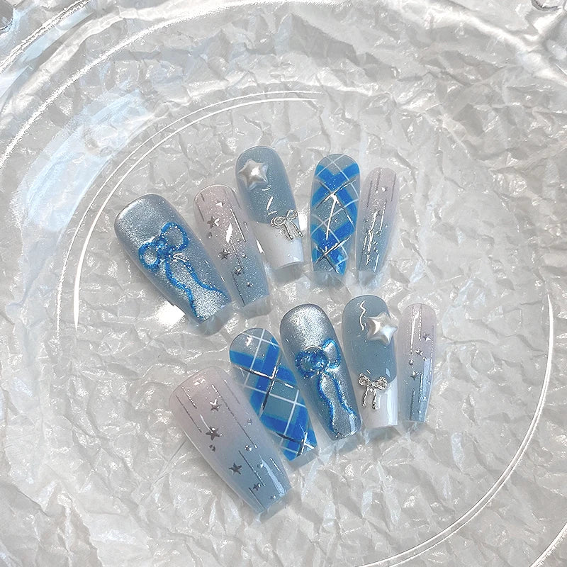 10PCS handmade coffin shaped nails, beautiful fake nails, dreamy blue and white nail art, fresh summer, suitable for women to us