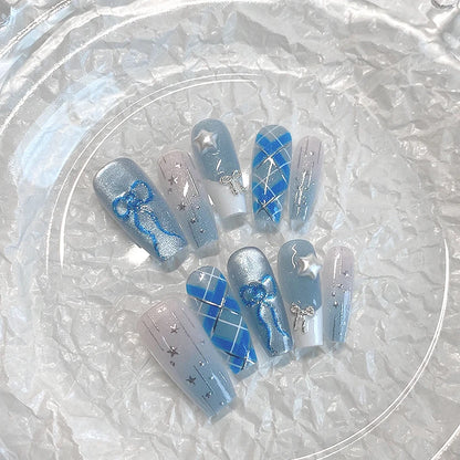10PCS handmade coffin shaped nails, beautiful fake nails, dreamy blue and white nail art, fresh summer, suitable for women to us