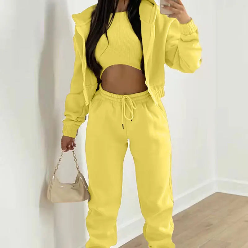 Women's 3-piece Trousers Velvet Hooded Sweatshirt Sports Casual Outfit Casual Long Sleeve Ribbed High Waist Pant Suits Sporty