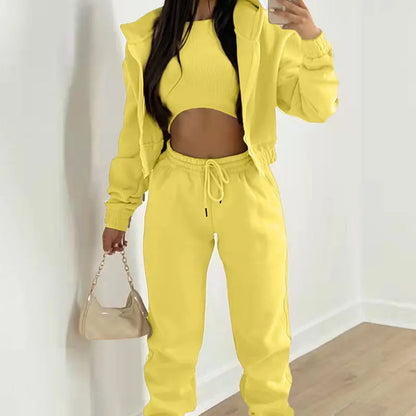 Women's 3-piece Trousers Velvet Hooded Sweatshirt Sports Casual Outfit Casual Long Sleeve Ribbed High Waist Pant Suits Sporty