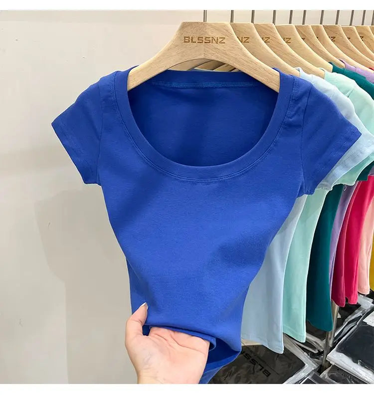 Women's Clothing U-neck T-Shirts Tops Tees pure cotton shoulder sleeved summer solid color slimming short low neck bottom shirt