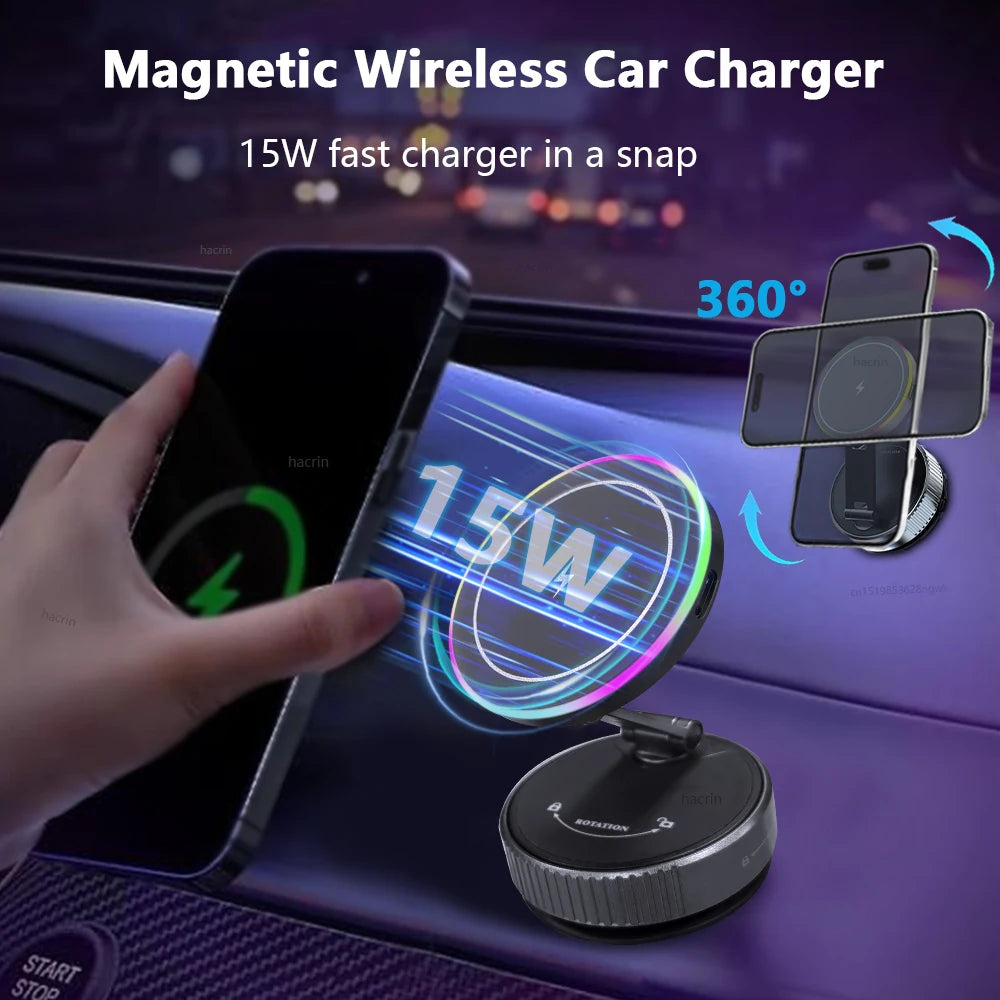 Car Wireless Charger For iPhone 17 16 15 14 13 12 Pro Max Magnetic Phone Charging Holder 360°Adjustable Suction Foldable Charger
