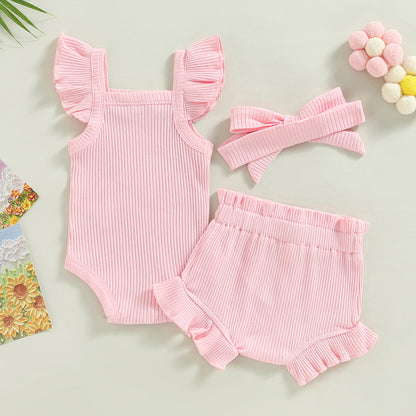 Newborn Baby Girl Clothes Summer Outfit Ruffle Sleeveless Knit Romper Top Bloomer Shorts Set