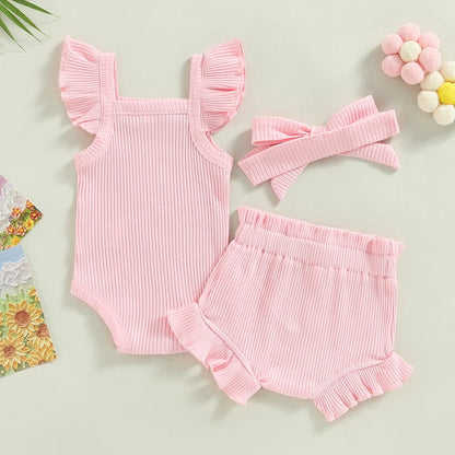 Newborn Baby Girl Clothes Summer Outfit Ruffle Sleeveless Knit Romper Top Bloomer Shorts Set