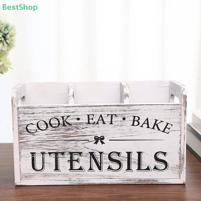 1pc Kitchen With Compartmentalized Cutlery Storage Rack, Rustic Style Wooden Countertop Organizer, Kitchenware Accessories