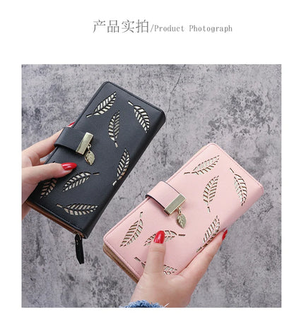 2024 new women's purse sweet lady PU leather horizontal zipper women's medium long hollow leaf purse