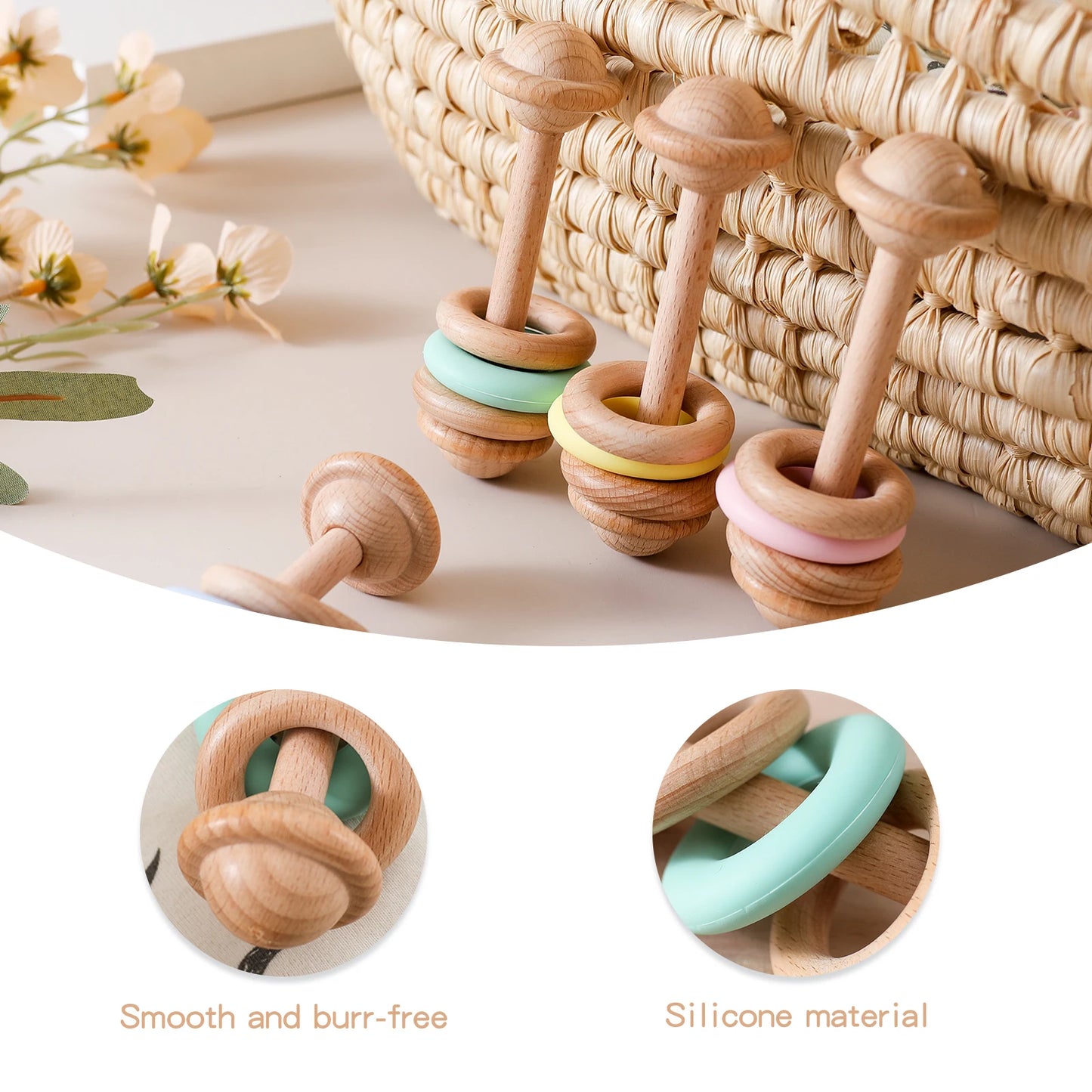 Baby Toys Wooden Rattles Silicone Ring Baby Rattles and Mobiles 0 12 Months Sensory Toys for Baby  Wooden Teether for Baby Gifts