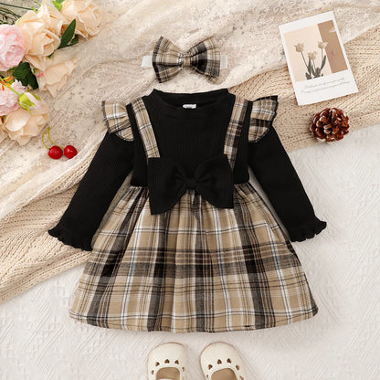 New Baby Girl Spring And Autumn Black Checkered Fake Two-piece Big Bow Headband Dress For Daily Outdoor Wear