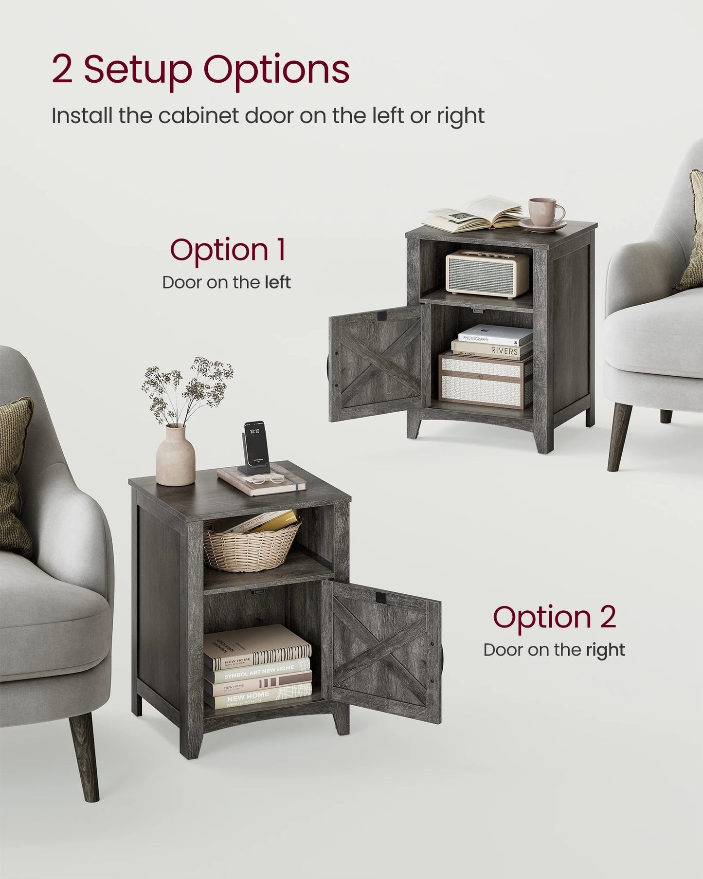 VASAGLE Farmhouse Nightstand with Barn Door, Set of 2, Bedside Table with Storage, Side End Table, Night Stand