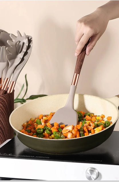 Kitchen Utensils Silicone Cooking Utensils Kitchenware, Gold-plated Wood Grain Handle, Spatula, SpoonsCooking Pots Set