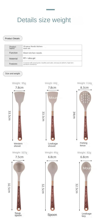 Kitchen Utensils Silicone Cooking Utensils Kitchenware, Gold-plated Wood Grain Handle, Spatula, SpoonsCooking Pots Set
