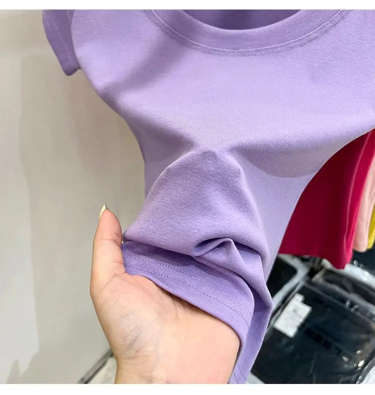 Women's Clothing U-neck T-Shirts Tops Tees pure cotton shoulder sleeved summer solid color slimming short low neck bottom shirt