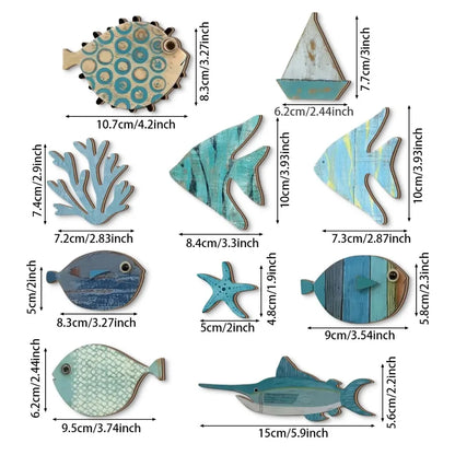 Wall Decor Handcrafted Wooden Ocean - Fish, Coral, Starfish & Sailboat Set for Home/Bathroom, Coastal Style Art Wall Decor