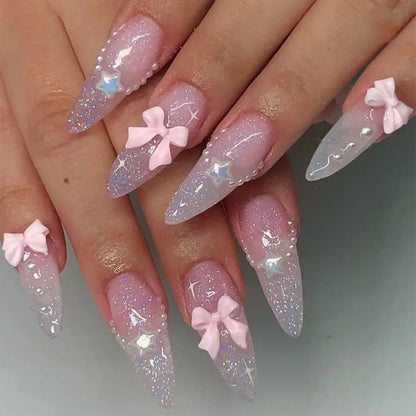 24Pcs Sweet Pink Almond Fake Nails Stiletto Pink Bowknot French Cute Pearl Bows Fake Nails Girls Women Wearable Manicure