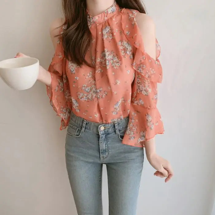 Fashion Woman Off Shoulder Blouse Shirts For Women Stylish Top long Sleeve Female Tops Elegant Chiffon Mujer Woman Clothes