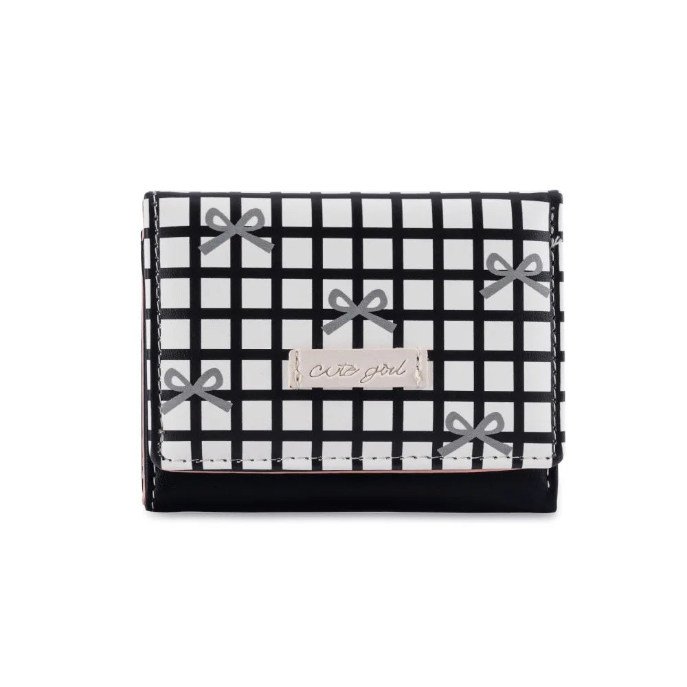 Portable Sweet Cute Tri-Fold Purses Multiple Card Slot Lattice Bow Short Wallet Candy Color PU Leather Women Card Holder Daily