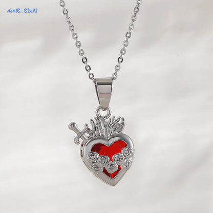 MHS.SUN Gold Plated Sacred Heart of Jesus Cross Necklace Red Zircon Religious Catholic Pendant Necklaces For Women Girls Jewelry