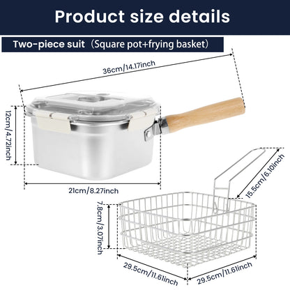 Stainless Steel Deep Fryer Pot set with Basket and Fried Mesh and Steam Rack Square Deep Frying Pot Multifunctional Cooking Pan