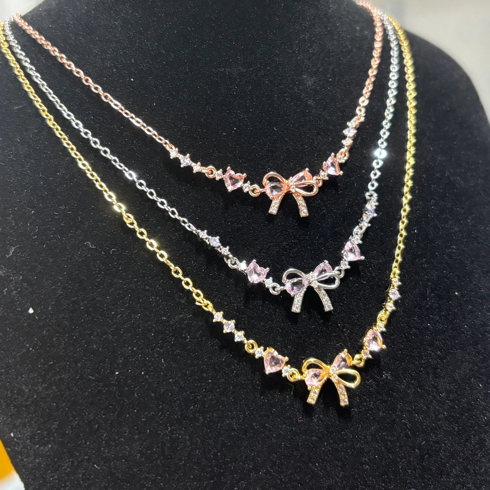 Y2K Exquisite Sweet Pink Zircon Bowknot Love Heart Chain Bracelet For Women Girls Party Birthday Jewelry Gift