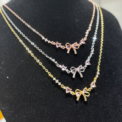 Y2K Exquisite Sweet Pink Zircon Bowknot Love Heart Chain Bracelet For Women Girls Party Birthday Jewelry Gift