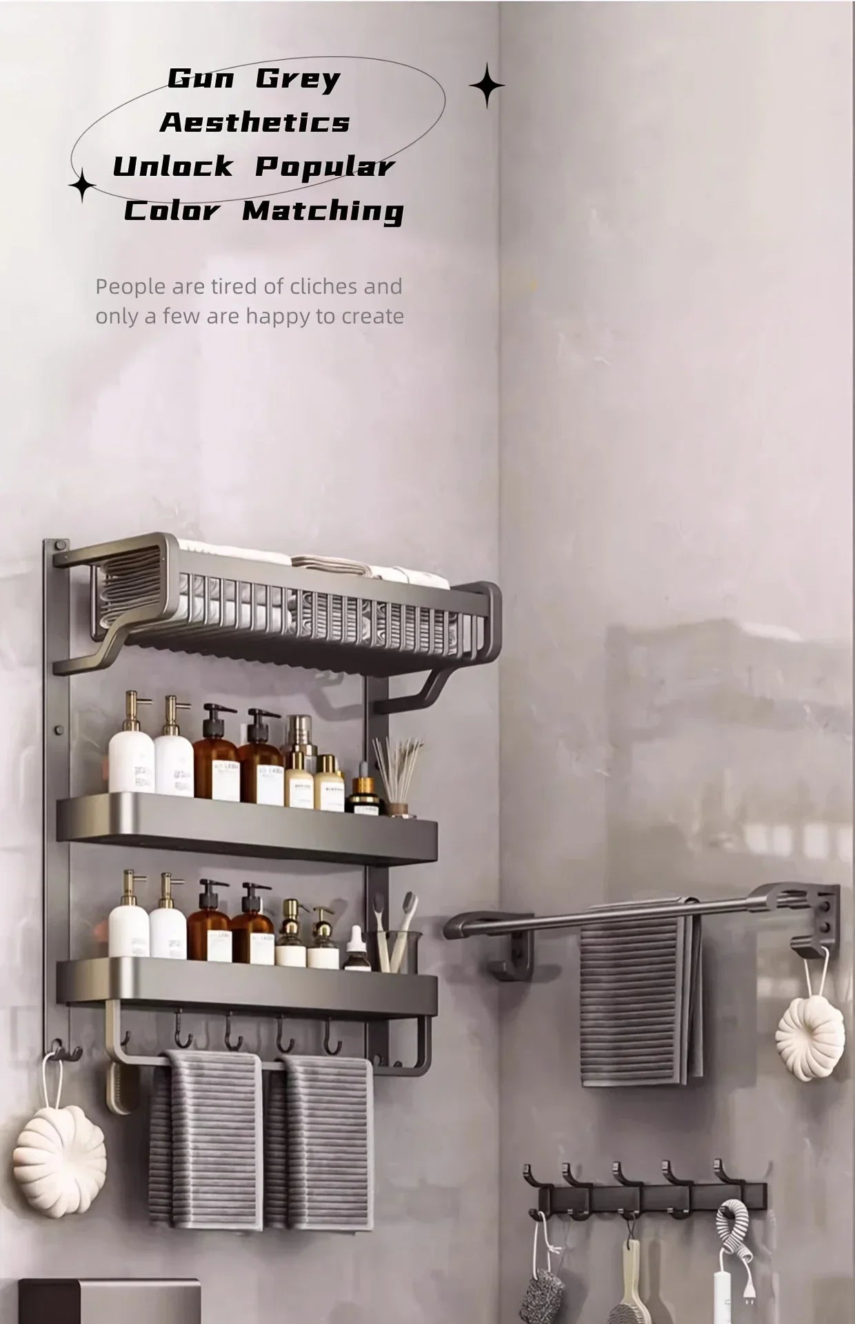 Bathroom Space Storage Towel Items Storage Rack Shampoo Bottle Mouthwash Cup Triple Shelf Wall Hooks Bathroom Accessories