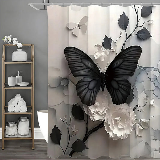 Black Butterfly Floral Shower Curtain, Bathroom Decorative Shower Curtain, Waterproof Shower Curtain with Hooks