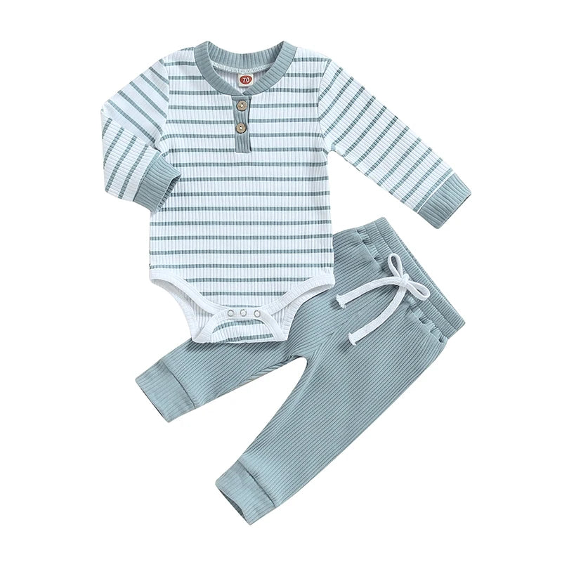 Newborn Baby Boys Girl Fall Winter Clothes Ribbed Knitted Long Sleeve Romper Solid Long Pants Cotton Infant Outfits