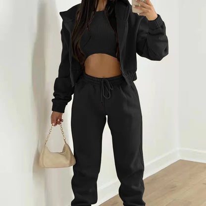 Women's 3-piece Trousers Velvet Hooded Sweatshirt Sports Casual Outfit Casual Long Sleeve Ribbed High Waist Pant Suits Sporty