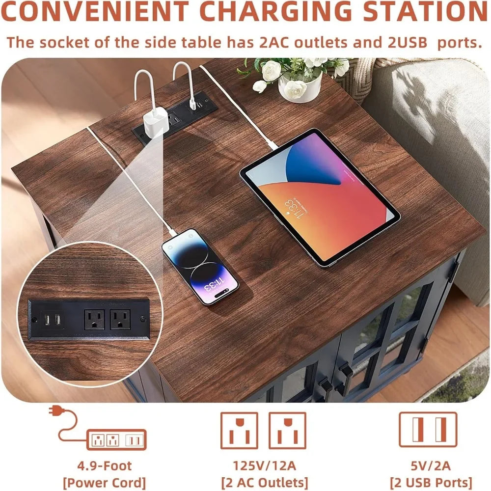 Farmhouse End Table with Charging Station,24" Large Sofa Side Table with Glass Barn Door,Rustic Wood Night Stand with Adjustable