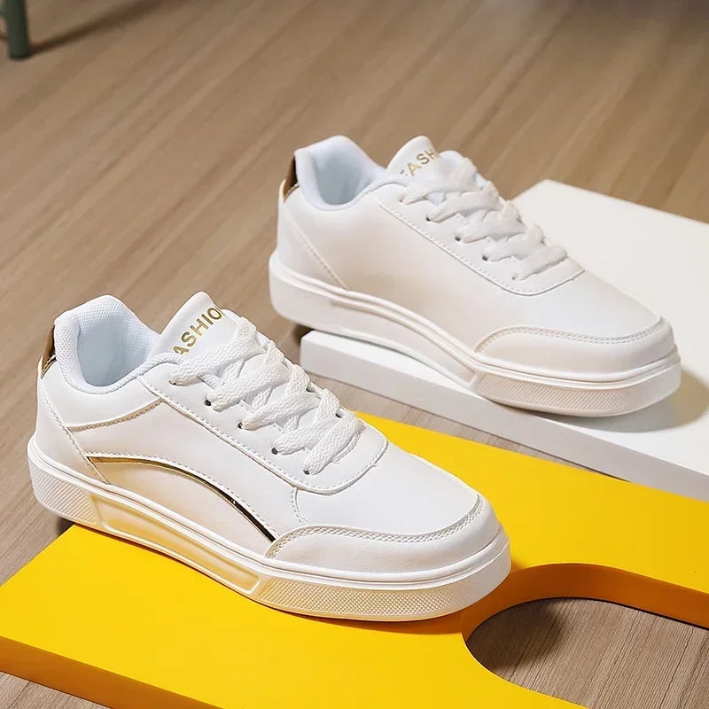 Women Casual Shoes Lace Up White Shoes Board Flat Female White PU Leather Walking Sneakers Thick Sole Outdoor Luxury Fashion