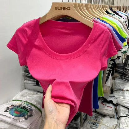 Women's Clothing U-neck T-Shirts Tops Tees pure cotton shoulder sleeved summer solid color slimming short low neck bottom shirt