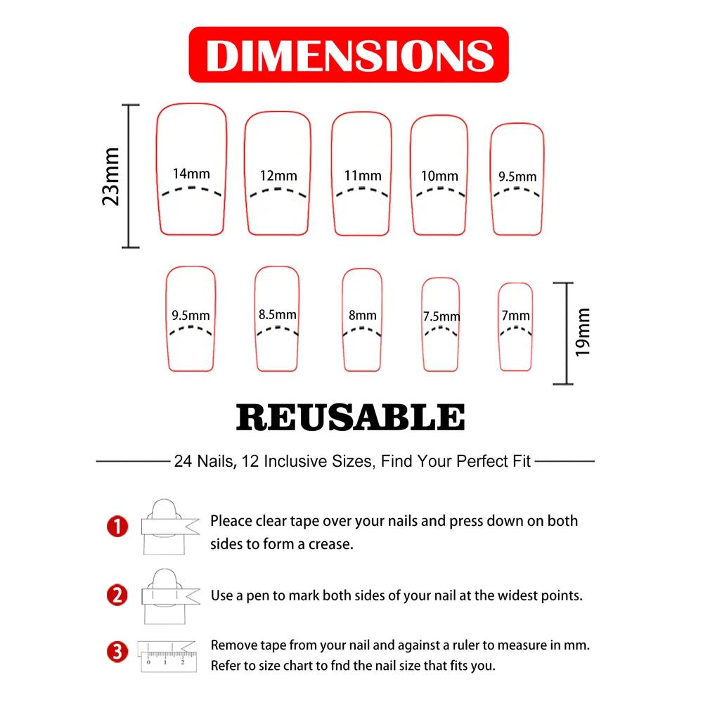 Women Girls 24Pcs/Set Middle Size quare Rose Red French Colorful Flower Full Coverage Wearable Nail Art Fake Nails